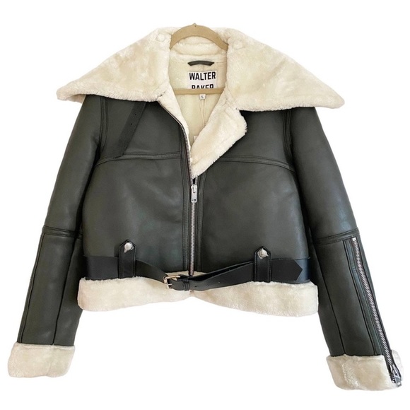 Women's Walter Baker Mandi Moto and Shearling Leather Jacket In Grey Green - Picture 6 of 6